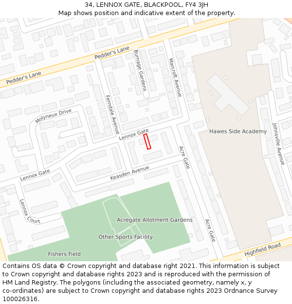 34, LENNOX GATE, BLACKPOOL, FY4 3JH: Location map and indicative extent of plot