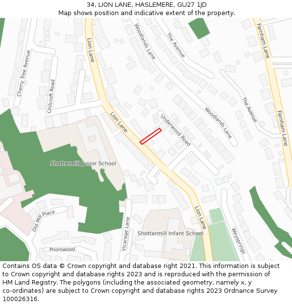 34, LION LANE, HASLEMERE, GU27 1JD: Location map and indicative extent of plot