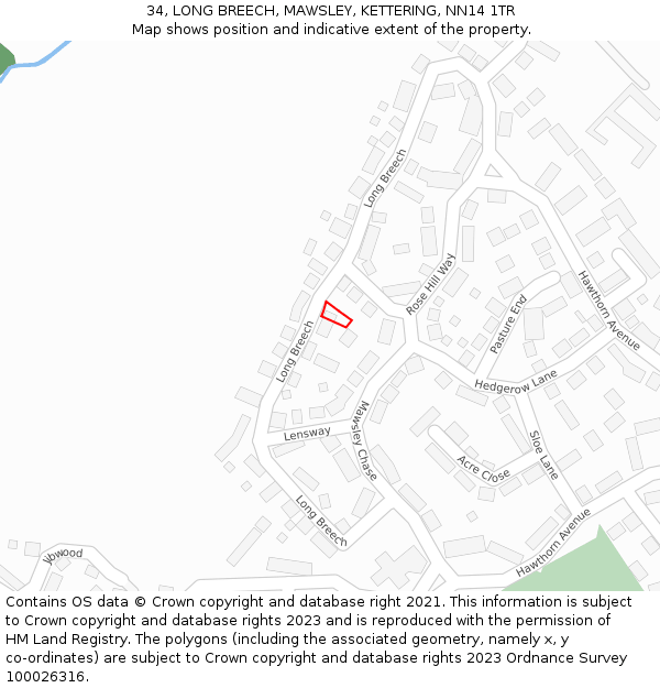 34, LONG BREECH, MAWSLEY, KETTERING, NN14 1TR: Location map and indicative extent of plot