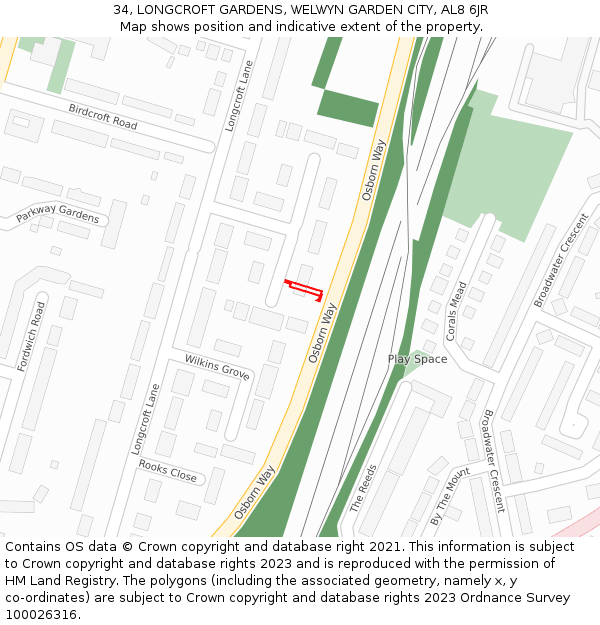 34, LONGCROFT GARDENS, WELWYN GARDEN CITY, AL8 6JR: Location map and indicative extent of plot