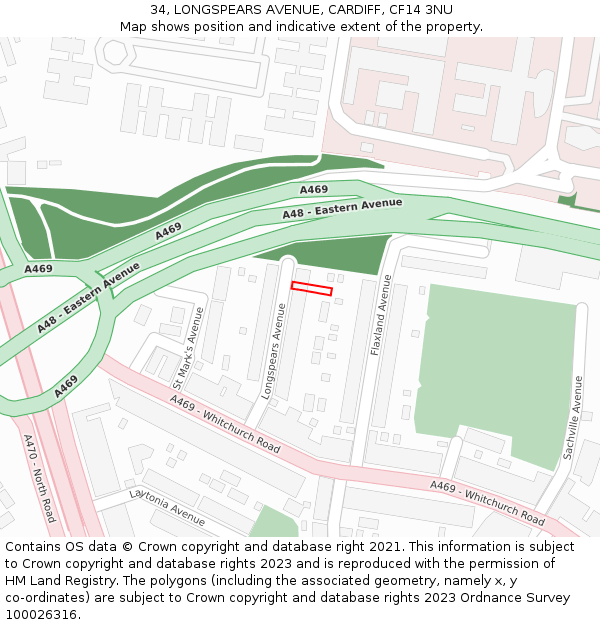 34, LONGSPEARS AVENUE, CARDIFF, CF14 3NU: Location map and indicative extent of plot