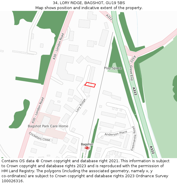 34, LORY RIDGE, BAGSHOT, GU19 5BS: Location map and indicative extent of plot