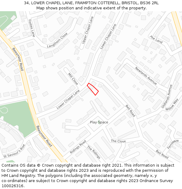 34, LOWER CHAPEL LANE, FRAMPTON COTTERELL, BRISTOL, BS36 2RL: Location map and indicative extent of plot