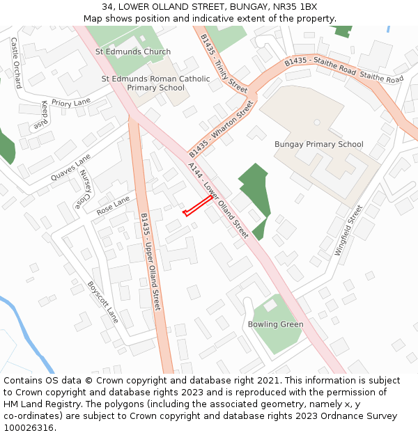 34, LOWER OLLAND STREET, BUNGAY, NR35 1BX: Location map and indicative extent of plot