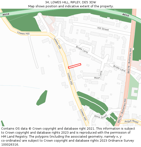 34, LOWES HILL, RIPLEY, DE5 3DW: Location map and indicative extent of plot
