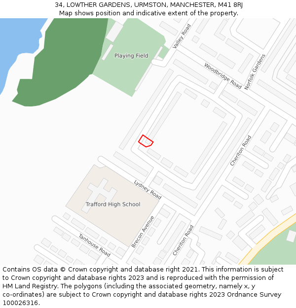 34, LOWTHER GARDENS, URMSTON, MANCHESTER, M41 8RJ: Location map and indicative extent of plot