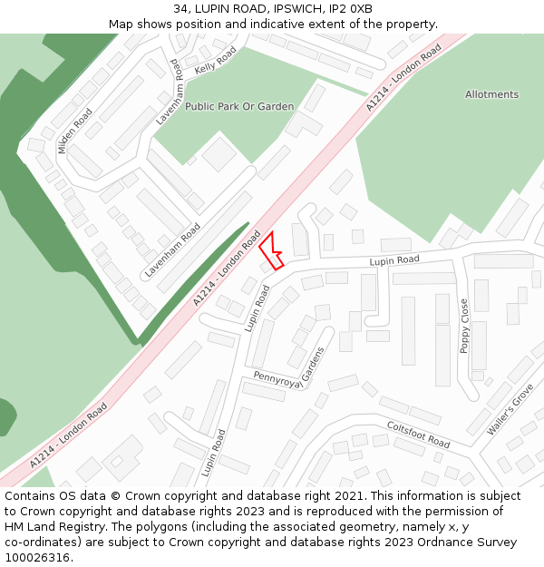 34, LUPIN ROAD, IPSWICH, IP2 0XB: Location map and indicative extent of plot