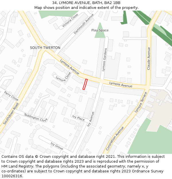 34, LYMORE AVENUE, BATH, BA2 1BB: Location map and indicative extent of plot