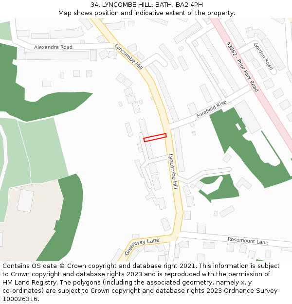 34, LYNCOMBE HILL, BATH, BA2 4PH: Location map and indicative extent of plot