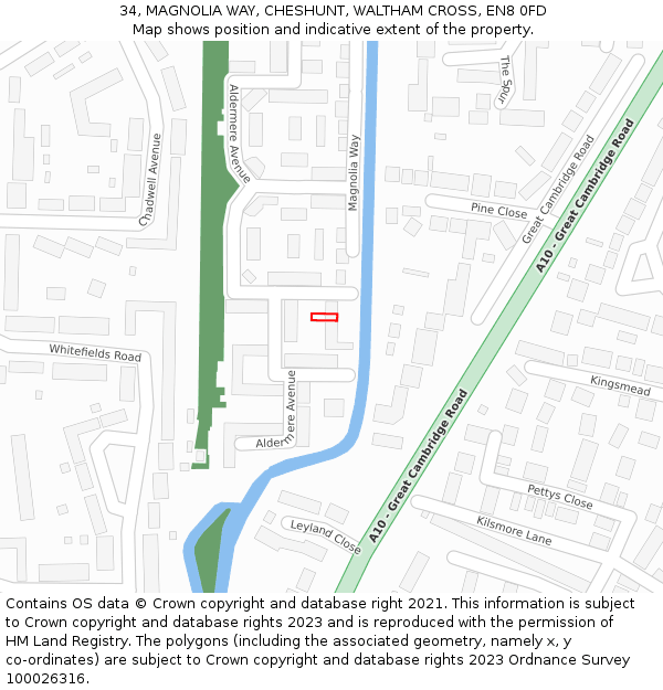 34, MAGNOLIA WAY, CHESHUNT, WALTHAM CROSS, EN8 0FD: Location map and indicative extent of plot