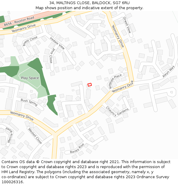 34, MALTINGS CLOSE, BALDOCK, SG7 6RU: Location map and indicative extent of plot