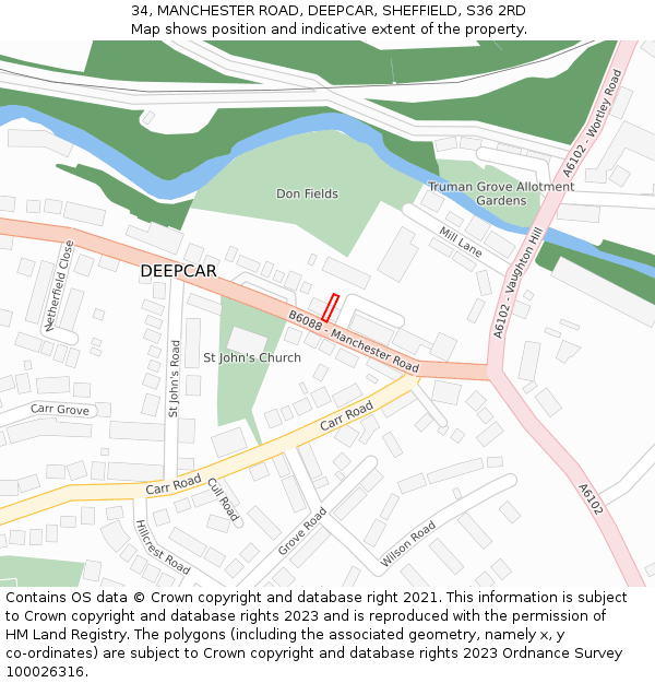 34, MANCHESTER ROAD, DEEPCAR, SHEFFIELD, S36 2RD: Location map and indicative extent of plot