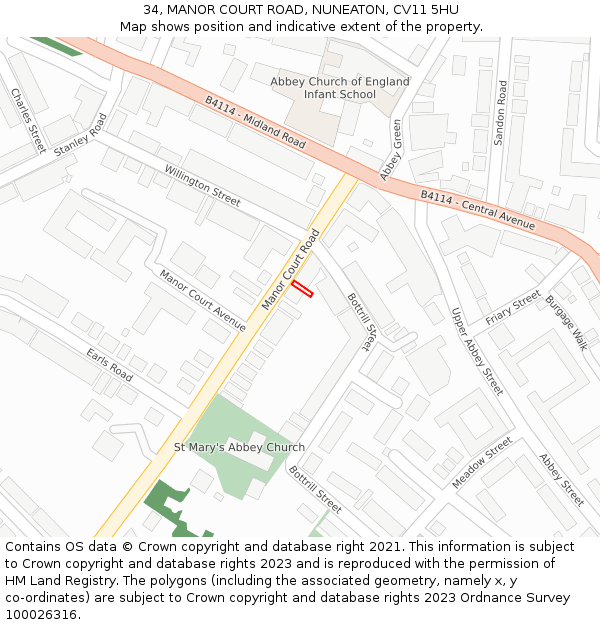 34, MANOR COURT ROAD, NUNEATON, CV11 5HU: Location map and indicative extent of plot