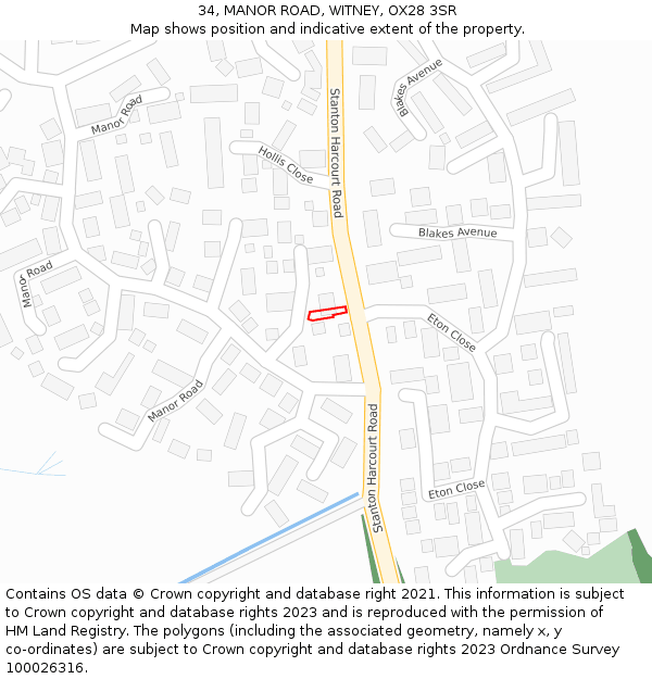 34, MANOR ROAD, WITNEY, OX28 3SR: Location map and indicative extent of plot
