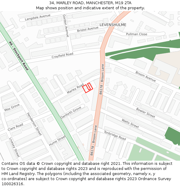 34, MARLEY ROAD, MANCHESTER, M19 2TA: Location map and indicative extent of plot