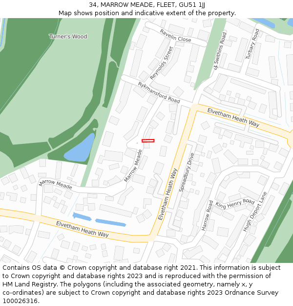 34, MARROW MEADE, FLEET, GU51 1JJ: Location map and indicative extent of plot