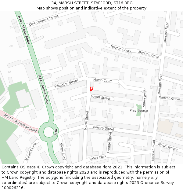 34, MARSH STREET, STAFFORD, ST16 3BG: Location map and indicative extent of plot