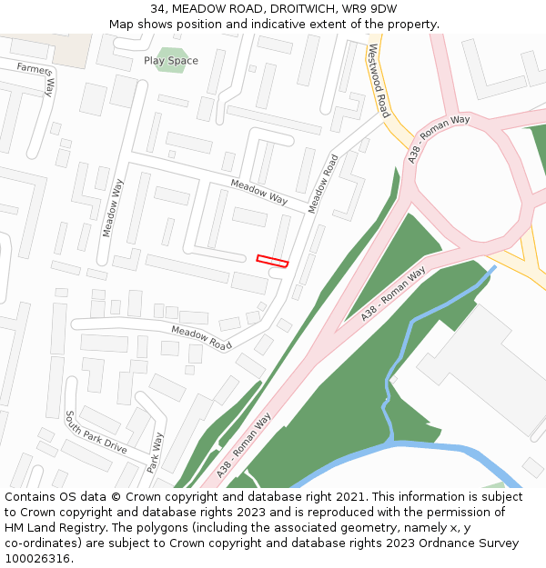 34, MEADOW ROAD, DROITWICH, WR9 9DW: Location map and indicative extent of plot