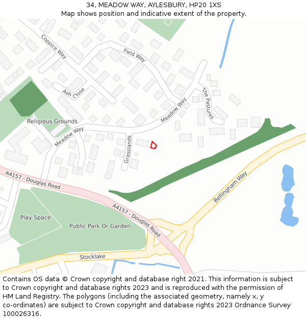 34, MEADOW WAY, AYLESBURY, HP20 1XS: Location map and indicative extent of plot