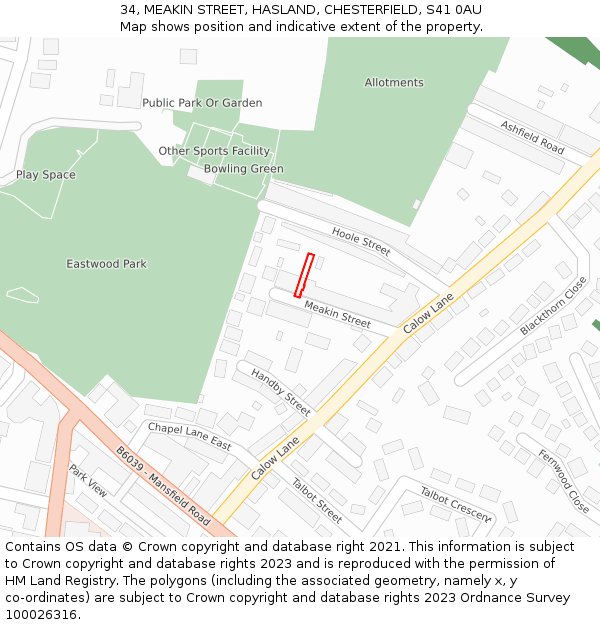 34, MEAKIN STREET, HASLAND, CHESTERFIELD, S41 0AU: Location map and indicative extent of plot