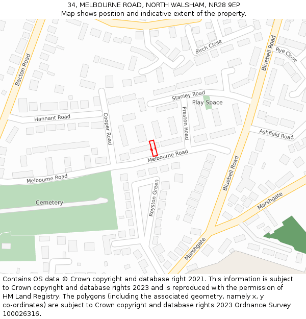 34, MELBOURNE ROAD, NORTH WALSHAM, NR28 9EP: Location map and indicative extent of plot