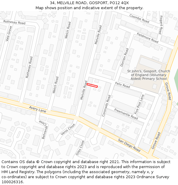 34, MELVILLE ROAD, GOSPORT, PO12 4QX: Location map and indicative extent of plot