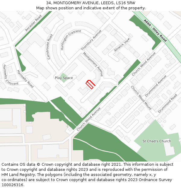 34, MONTGOMERY AVENUE, LEEDS, LS16 5RW: Location map and indicative extent of plot