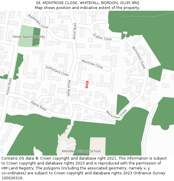 34, MONTROSE CLOSE, WHITEHILL, BORDON, GU35 9RQ: Location map and indicative extent of plot