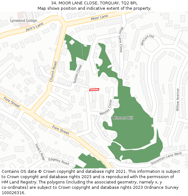 34, MOOR LANE CLOSE, TORQUAY, TQ2 8PL: Location map and indicative extent of plot