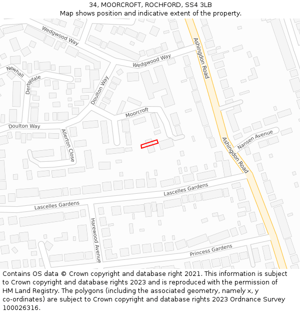 34, MOORCROFT, ROCHFORD, SS4 3LB: Location map and indicative extent of plot