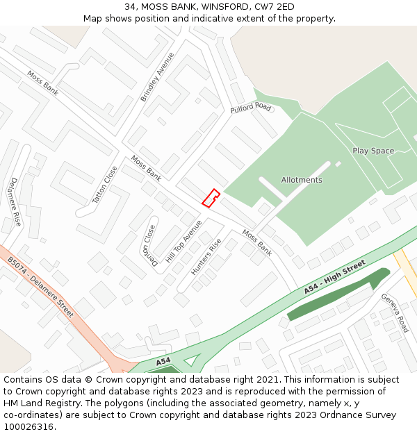 34, MOSS BANK, WINSFORD, CW7 2ED: Location map and indicative extent of plot