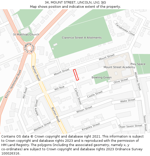 34, MOUNT STREET, LINCOLN, LN1 3JG: Location map and indicative extent of plot
