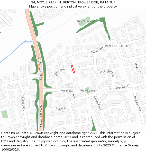 34, MOYLE PARK, HILPERTON, TROWBRIDGE, BA14 7UF: Location map and indicative extent of plot