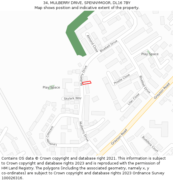 34, MULBERRY DRIVE, SPENNYMOOR, DL16 7BY: Location map and indicative extent of plot