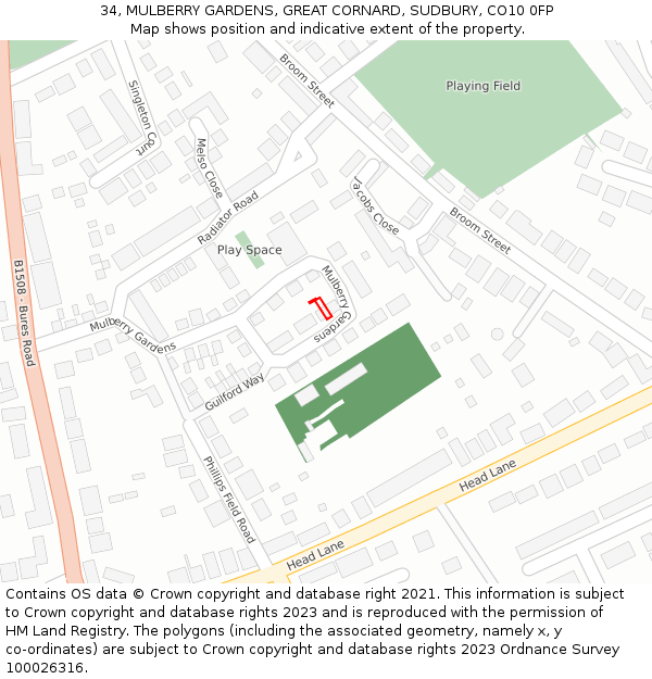 34, MULBERRY GARDENS, GREAT CORNARD, SUDBURY, CO10 0FP: Location map and indicative extent of plot