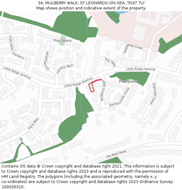 34, MULBERRY WALK, ST LEONARDS-ON-SEA, TN37 7LY: Location map and indicative extent of plot