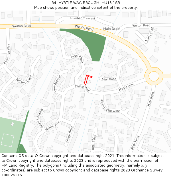 34, MYRTLE WAY, BROUGH, HU15 1SR: Location map and indicative extent of plot