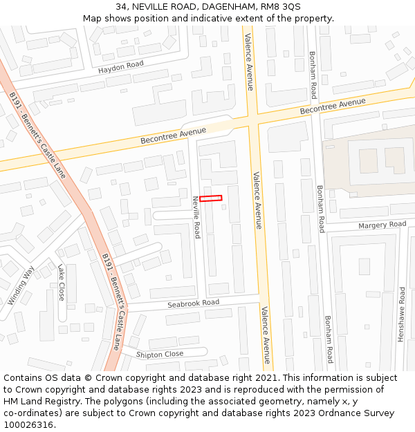 34, NEVILLE ROAD, DAGENHAM, RM8 3QS: Location map and indicative extent of plot