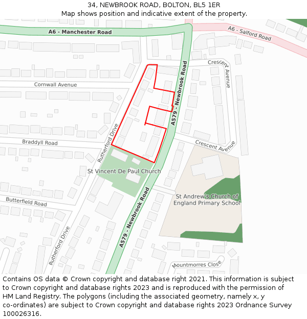 34, NEWBROOK ROAD, BOLTON, BL5 1ER: Location map and indicative extent of plot