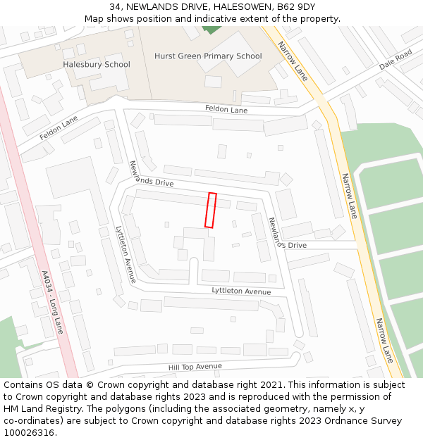 34, NEWLANDS DRIVE, HALESOWEN, B62 9DY: Location map and indicative extent of plot