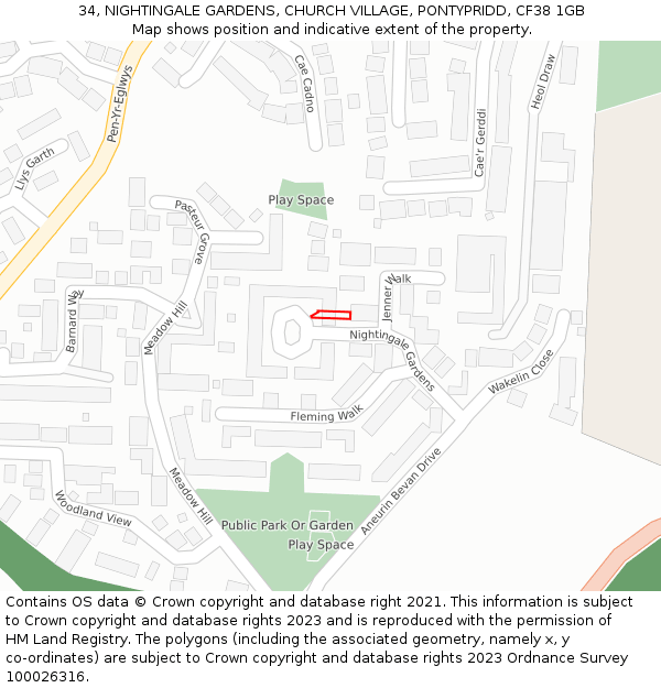 34, NIGHTINGALE GARDENS, CHURCH VILLAGE, PONTYPRIDD, CF38 1GB: Location map and indicative extent of plot