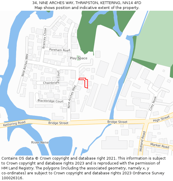 34, NINE ARCHES WAY, THRAPSTON, KETTERING, NN14 4FD: Location map and indicative extent of plot