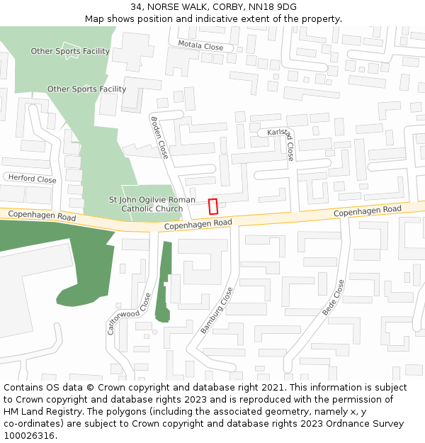 34, NORSE WALK, CORBY, NN18 9DG: Location map and indicative extent of plot