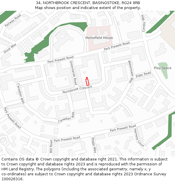 34, NORTHBROOK CRESCENT, BASINGSTOKE, RG24 9RB: Location map and indicative extent of plot
