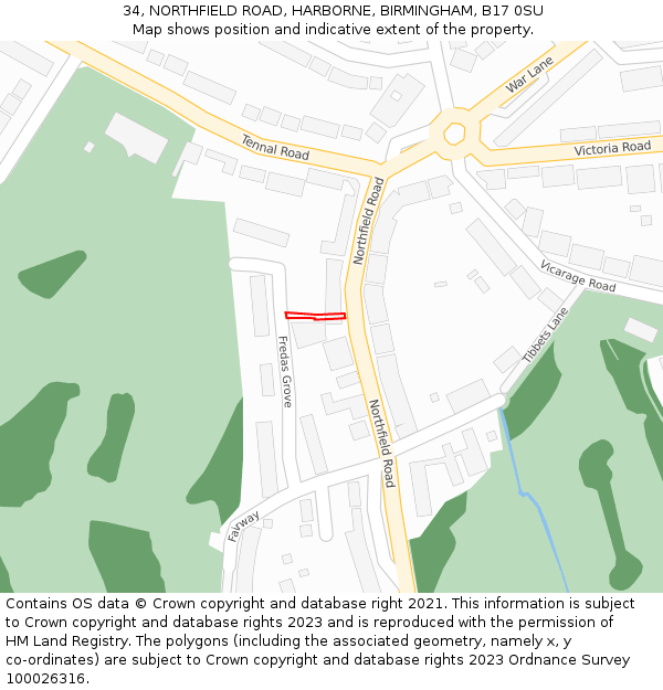34, NORTHFIELD ROAD, HARBORNE, BIRMINGHAM, B17 0SU: Location map and indicative extent of plot