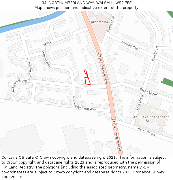34, NORTHUMBERLAND WAY, WALSALL, WS2 7BF: Location map and indicative extent of plot