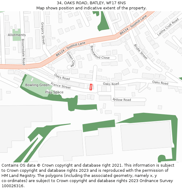 34, OAKS ROAD, BATLEY, WF17 6NS: Location map and indicative extent of plot