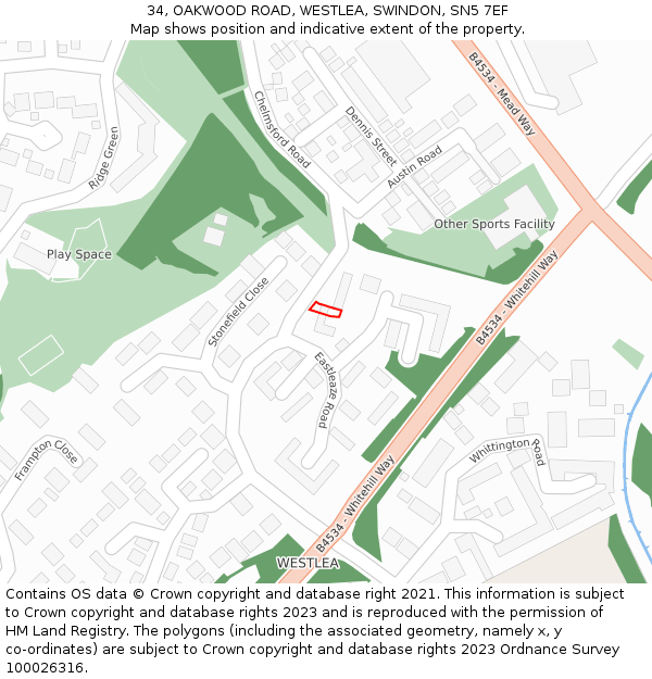 34, OAKWOOD ROAD, WESTLEA, SWINDON, SN5 7EF: Location map and indicative extent of plot