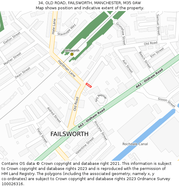 34, OLD ROAD, FAILSWORTH, MANCHESTER, M35 0AW: Location map and indicative extent of plot