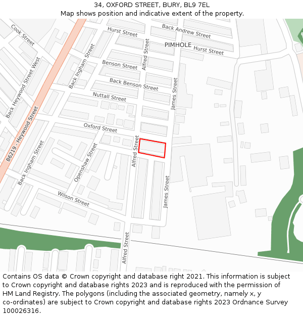 34, OXFORD STREET, BURY, BL9 7EL: Location map and indicative extent of plot